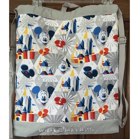 Disney World Drawstring Backpack Bag - Mickey Mouse and Castle Gray NWT - Picture 1 of 2